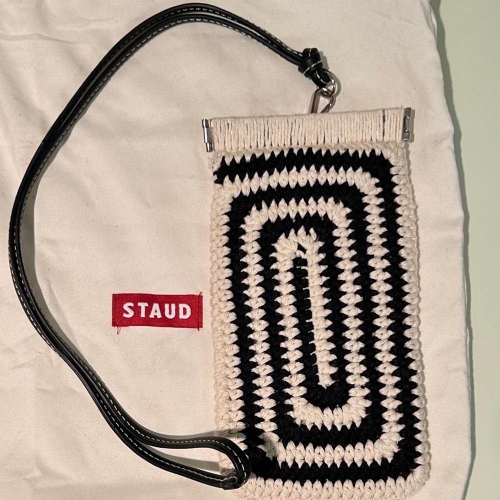 NWOT STAUD Artisanal Black & Cream Crochet Pouch & Black Leather Mini Bag Charm. - Picture 5 of 15